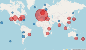 A map showing the location of institutes which have referenced the FAAM Airborne Laboratory in the scientific literature